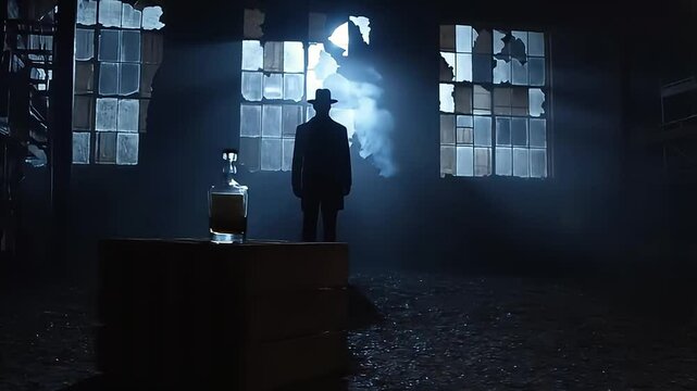 Silhouette of Man in Abandoned Warehouse - Noir Style