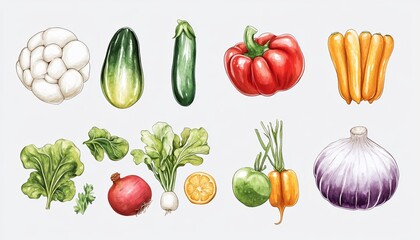 Sticker Set of Fresh Garden Vegetables Including Bell Peppers Carrots on White Background