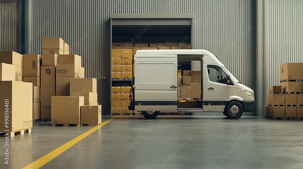 Poster delivery van parked at a warehouse loading dock with stacks of cardboard boxes and pallets ready for