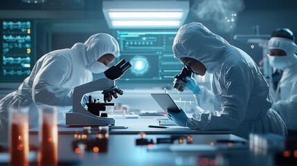 Two scientists in protective lab gear conducting scientific research experiment with microscopes and lab equipment in a modern high tech laboratory setting