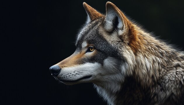 Side Profile of a Wolf with Gray Fur on Black Background