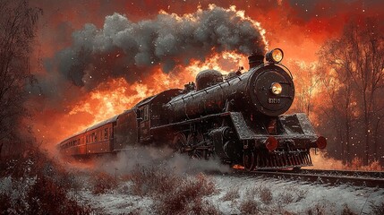 A Vintage Steam Locomotive Chugs Through a Snowy Landscape Bathed in the Glow of an Eerie, Fiery Sunset