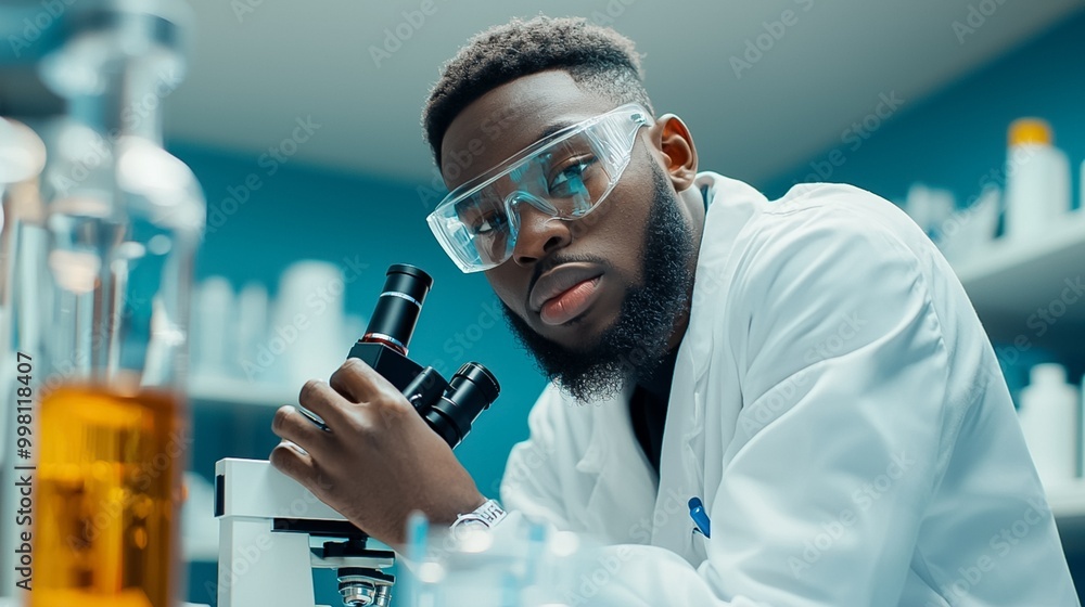 Poster focused scientist examining specimen through microscope in research laboratory setting engaged in sc