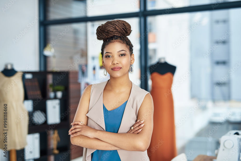 Canvas Prints Fashion, designer and portrait of African woman with small business and tailor work at boutique. Creative, workshop and design studio with arms crossed and confidence of clothes shop owner at job