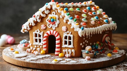 A festive gingerbread house adorned with colorful candies, frosting, and sprinkles, resting on a wooden board dusted with powdered sugar.