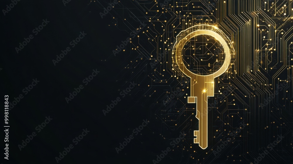 Poster key with a circuit board pattern on a dark background, with a gold color line art tech logo design f