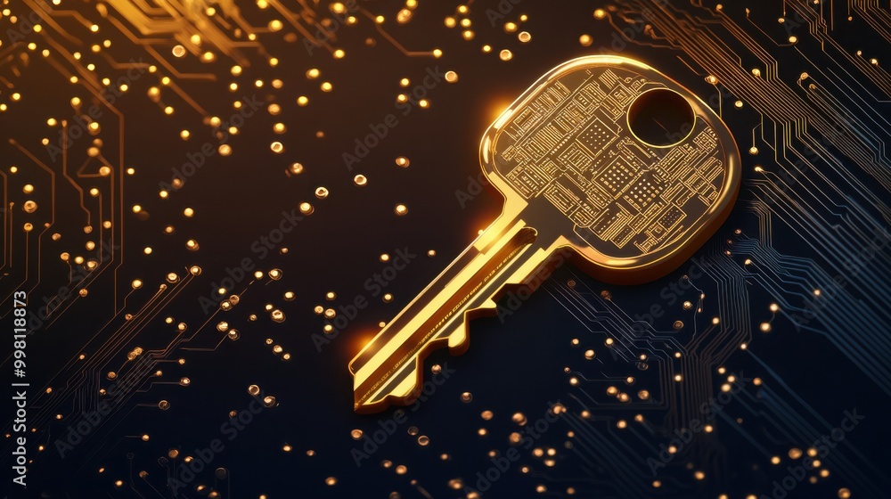Poster key with a circuit board pattern on a dark background