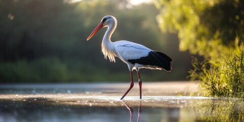 Fototapeta premium A majestic stork wades gracefully through the tranquil waters at sunrise. The soft light reflects on the surface, enhancing this serene natural scene. Perfect for wildlife photography. AI