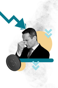 Vertical collage senior businessman stressed anxiety migraine coin dollar trader business inflation devaluation decrease loss arrow down