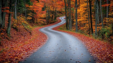 Obraz premium A winding asphalt road through a forest of vibrant autumn foliage, where fallen leaves create a colorful carpet along the edges.