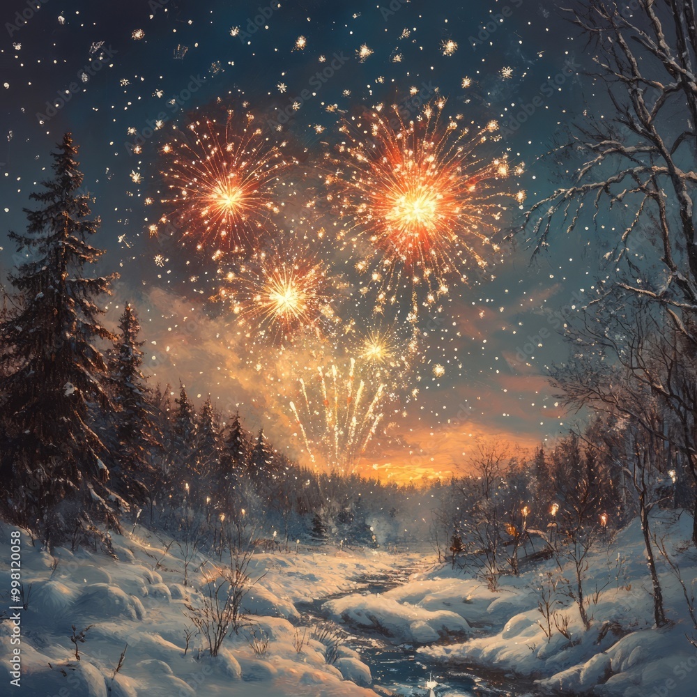 Canvas Prints Fireworks explode over a snowy forest at dusk.