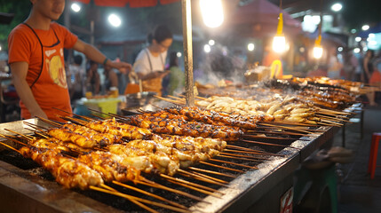 grilled meat on the grill, Fried and grilled foods at the street market in Pai.