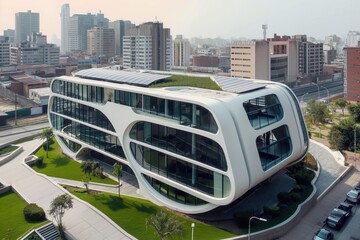 Obraz premium Modern office building featuring a green roof and solar panels, showcasing sustainable and energy efficient architecture