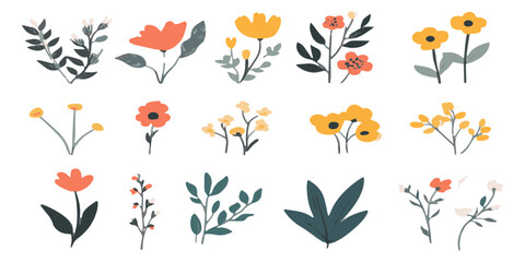 set of simple vector illustrations of wild flowers and leaves, on a white background