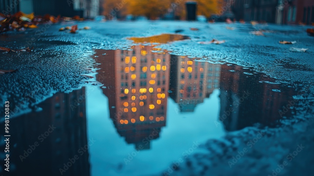 Sticker A reflection of city buildings in a puddle on a wet street after rain.