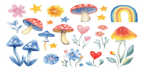 Watercolor cute cartoon rainbow, mushrooms, and flowers clip art set on a white background