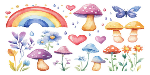 Watercolor cute cartoon rainbow, mushrooms, and flowers clip art set on a white background