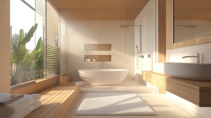 Minimalist bathroom featuring warm wooden accents, clean white surfaces, and a large walk-in shower for a tranquil vibe.