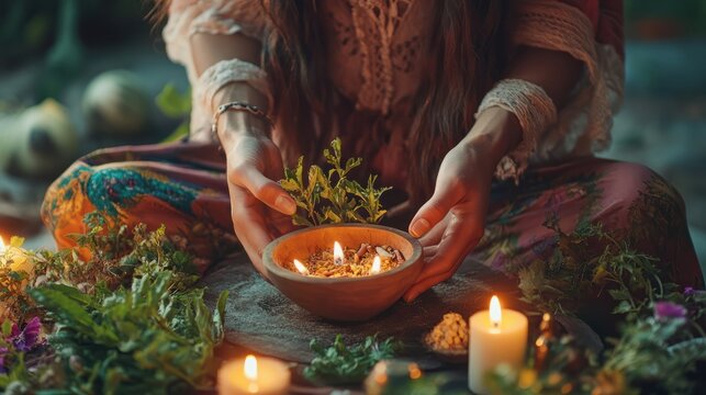 Hands of spiritual medicine woman preparing medicinal herbs with lit candles; holy ritual plants. purification and healing of soul and body. natural remedy of shaman healer, for holistic care
