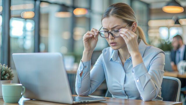 Tired lady boss took off glasses and close eyes at working space, suffer from dizziness or blurry vision