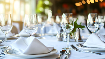 Fototapeta premium wedding table setting, catering table set service with silverware and glass stemware at restaurant before party.