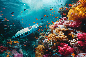 Naklejka premium Beautiful large bathyscaphe floating in middle of ocean during exploration