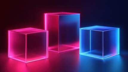 Obraz premium In this realistic 3D modern illustration, we see plastic or glass cubes glowing with neon light in a variety of viewpoints, a clear square box, a crystal block, an aquarium podium, geometric objects