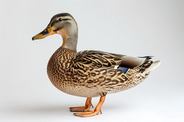 Female Mallard Duck Walking Forward
A female mallard duck captured mid-step, with detailed brown feathers and a simple backdrop