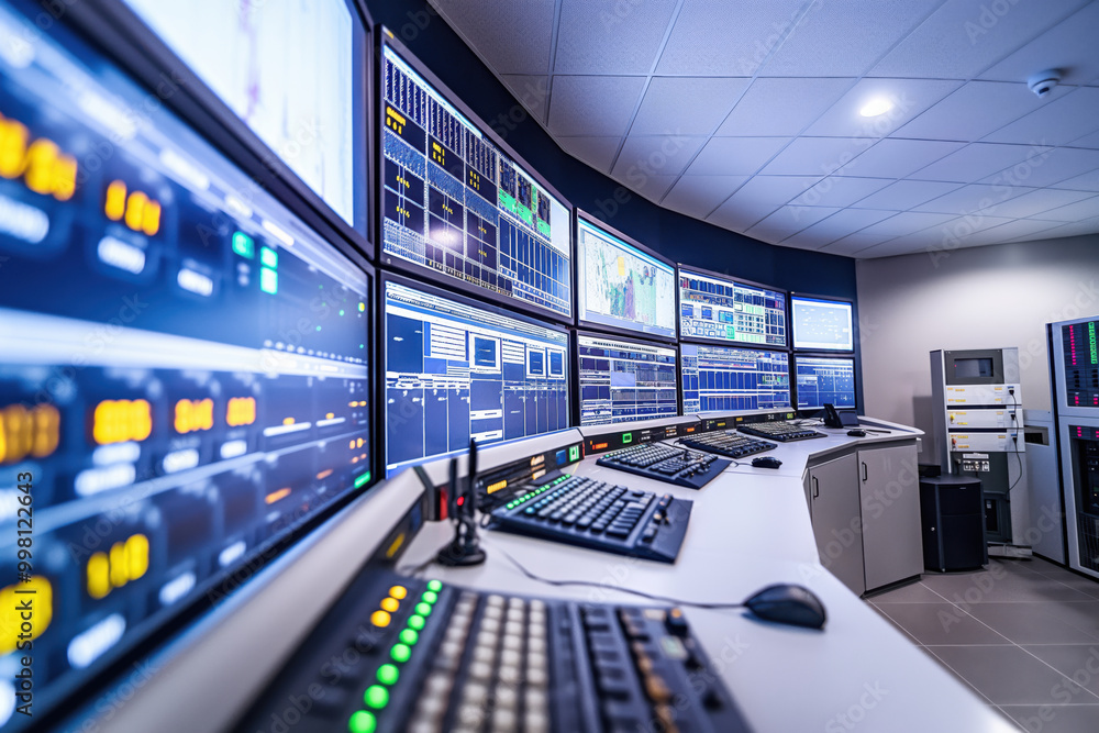 Poster modern control room equipped with multiple monitors displaying charts, data, and information