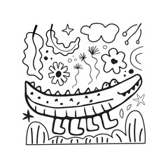 Cute card with kid scribble doodle. Hand drawn childish funny simple vector illustration. Crocodile, flowers and leaves children draw style design