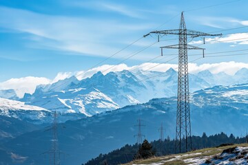 High voltage electric tower carrying power supply cables across mountainous landscape