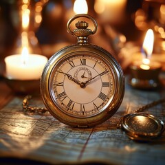 Antique Timepiece on Vintage Map with Candlelight Glow - Nostalgic Conceptual Still Life in Sepia Tones