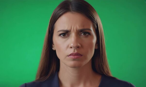 Serious Woman with Neutral Expression on Green Screen