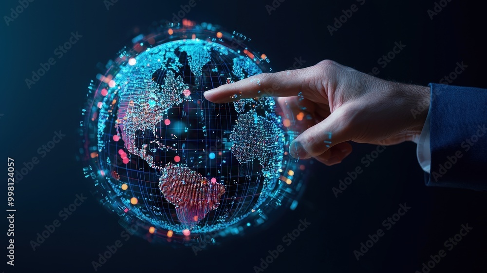 Poster a futuristic hand reaching towards a digital globe, symbolizing global connectivity and technology. 