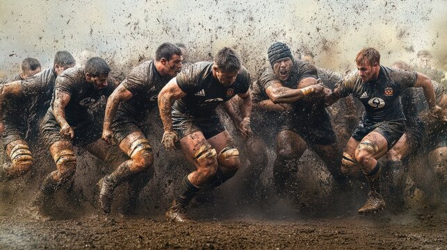 Rugby scrum in the mud: A powerful image depicting the intensity of a rugby scrum, showcasing the grit, determination, and teamwork of the players. The mud splattered on their bodies tells a story of