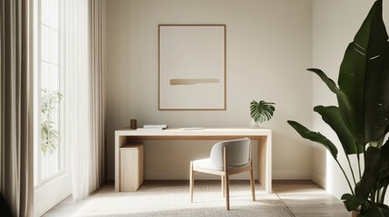 Serene home office featuring clean lines, minimal decor, and a wall-facing desk, designed to foster concentration and calm.