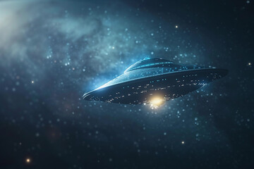 Obraz premium Iron oval UFO saucer hovering over beautiful landscape in dramatic sky