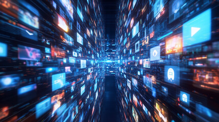 Obraz premium Szerokokątna wizualizacja koncepcji treści cyfrowych łączy różnorodne aspekty nowoczesnych mediów.