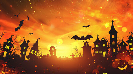 Halloween illustration background. Haunted house under full moon with trees and graveyard for Halloween night, AI generate.