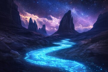 A stunning night scene with a glowing river winding through majestic mountain peaks. The starry sky adds a magical touch. Perfect for fantasy and landscape themes. Generative AI
