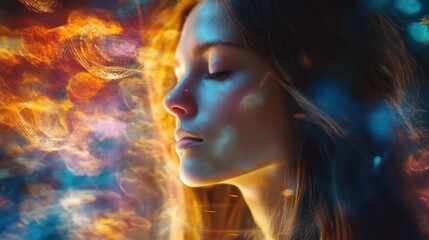 Spiritual woman, intersection of the astral body energy field with supernatural frequency senses, consciousness and healing