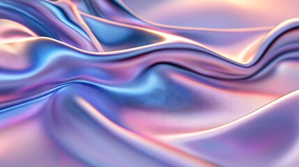 A close-up of an iridescent holographic satin cloth, with soft curves and gentle folds that undulate in the wind