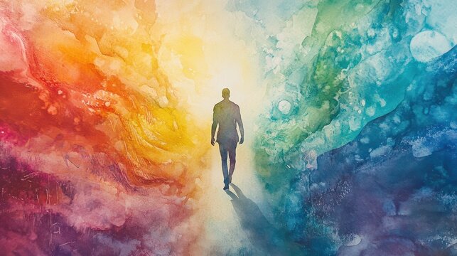 spirit human body walking inspiring rainbow way mind mental health soul spiritual imagine energy emotion connect universe abstract art. watercolor painting fantasy digital collage illustration design