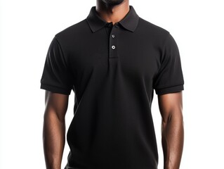Fototapeta premium Man wearing a black polo shirt, white isolate background.
