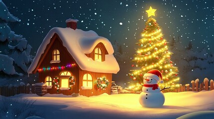 Naklejka premium a snowman is standing in front of a house with a christmas tree in the background.