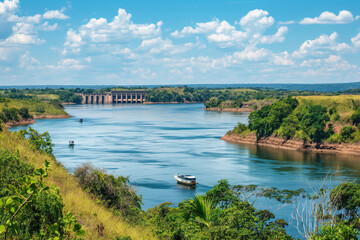 Fototapeta premium Boats navigating on a river with a hydroelectric power plant generating renewable energy in the background