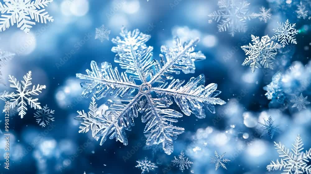 Poster a snowflake is sitting on a blue surface. the snowflake is surrounded by ice and snow, and it is the