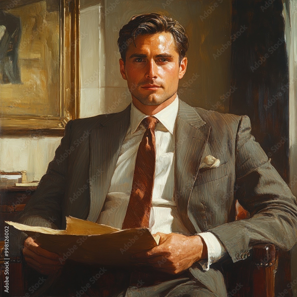 Canvas Prints A man in a suit sits in a chair, holding a document, with a serious expression on his face.