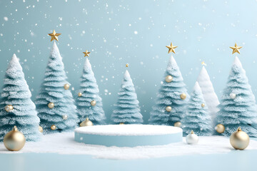 Obraz premium 3D podium winter scene with stylized cone-shaped Christmas trees and golden ornaments, snow gently falling