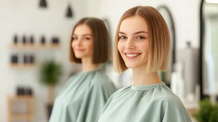 Obraz premium A smiling woman with a bob haircut stands in front of a mirror at a hair salon, showcasing confidence and beauty.